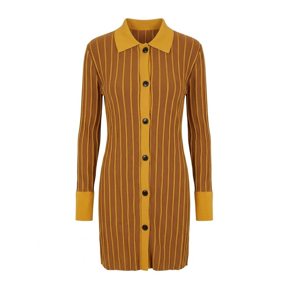 Veiled New York Mustard Ribbed Knit Button Down Maxi Dress Modest Minimalist